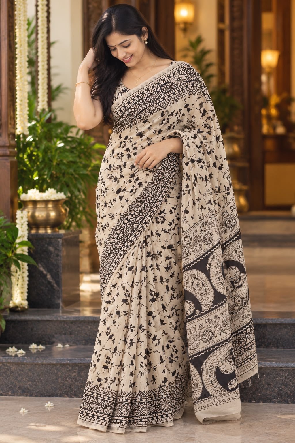 premium black bird design cotton saree 🦜🌿